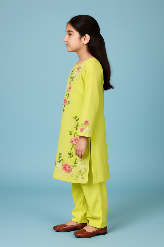 Lime Green Floral Embroidered Kurta Set for Girls