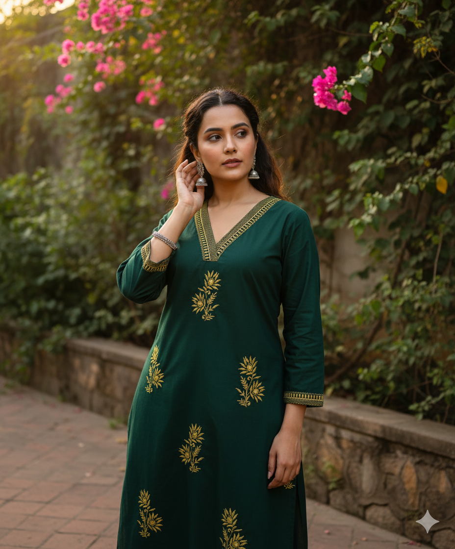 The Forest Whisper Kurta Set: Fully Embroidered Cotton 2PC Set with Bottom
