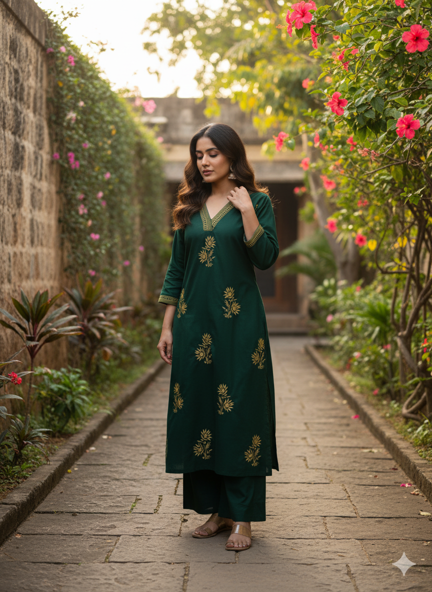 The Forest Whisper Kurta Set: Fully Embroidered Cotton 2PC Set with Bottom