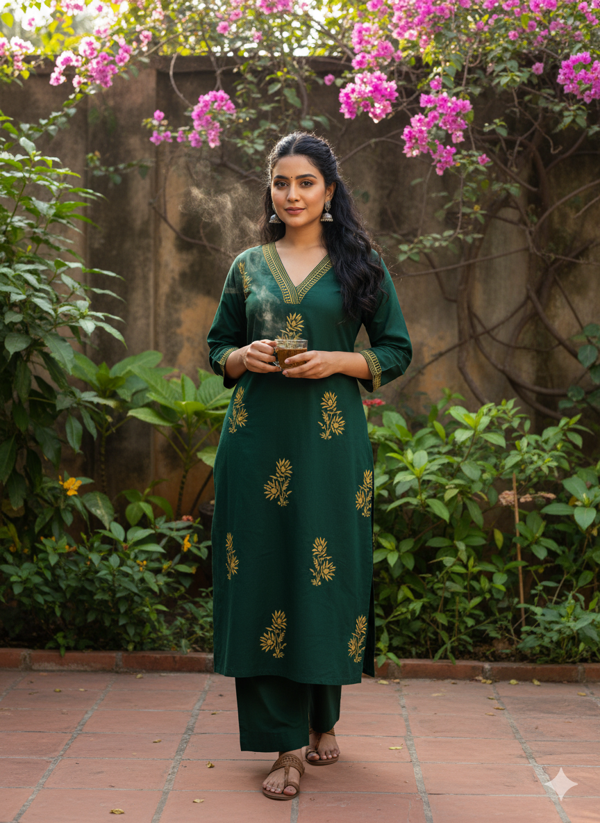 The Forest Whisper Kurta Set: Fully Embroidered Cotton 2PC Set with Bottom