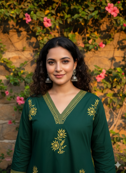 The Forest Whisper Kurta Set: Fully Embroidered Cotton 2PC Set with Bottom