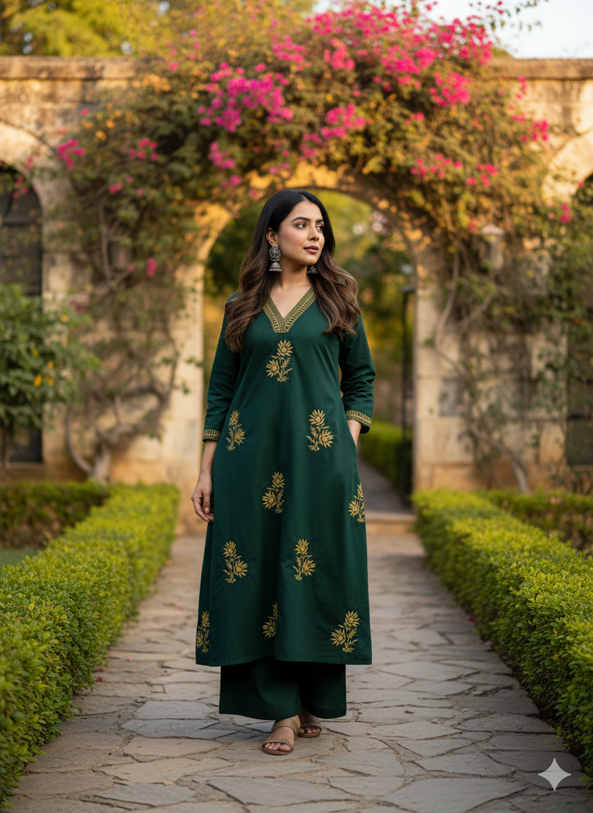 The Forest Whisper Kurta Set: Fully Embroidered Cotton 2PC Set with Bottom