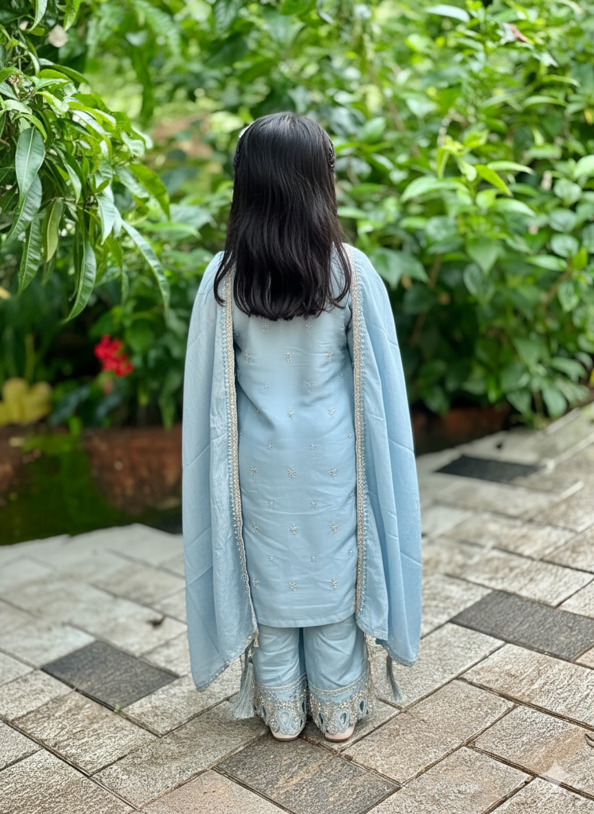 Sky Blue Embroidered Suit with Mirror Work