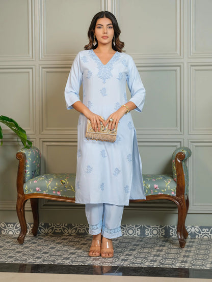 Elegant Chikankari Embroidered Cotton Kurti Set