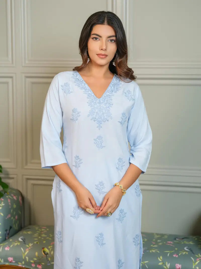 Elegant Chikankari Embroidered Cotton Kurti Set