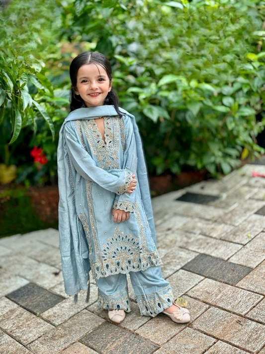 Sky Blue Embroidered Suit with Mirror Work
