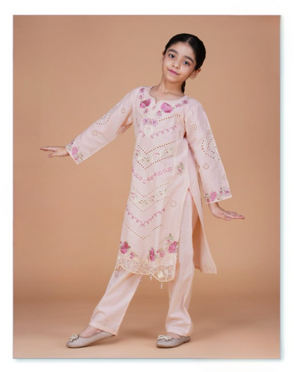 Blush Pink Embroidered Kurta Set for Girls