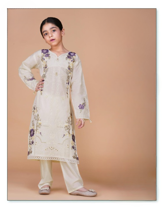Ivory Floral Embroidered Kurta Set for Girls