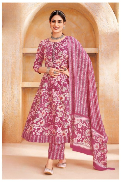 Elegant Printed Cotton Anarkali Suit Set