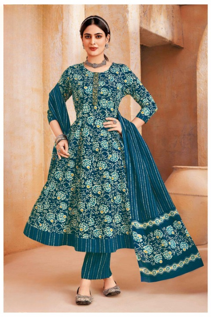 Elegant Printed Cotton Anarkali Suit Set