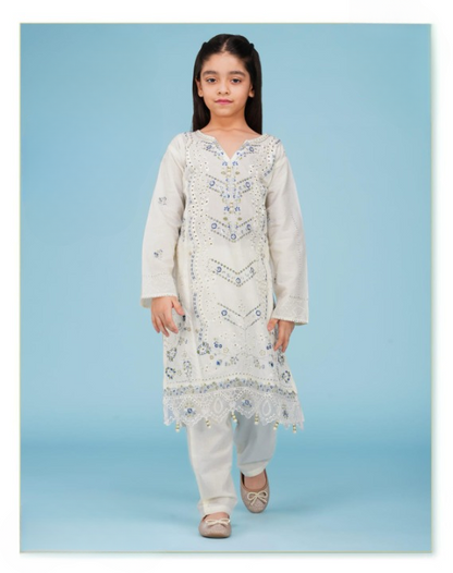 Moonlit Blossom – White Embroidered Kurta Set for Girls
