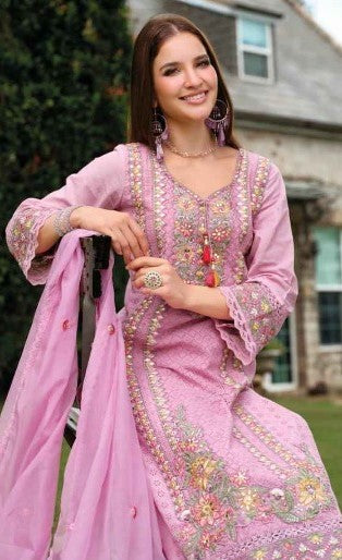 Pastel Bloom: An Embroidered | Cotton Readymade Suit