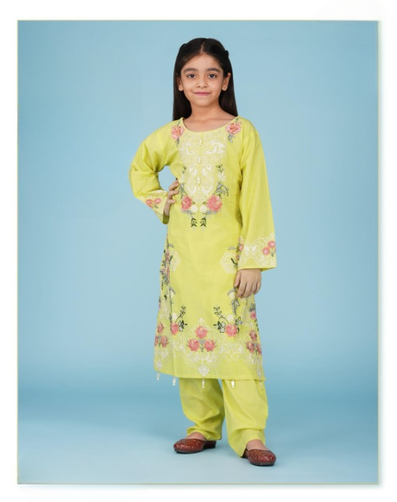 Lime Green Floral Embroidered Kurta Set for Girls