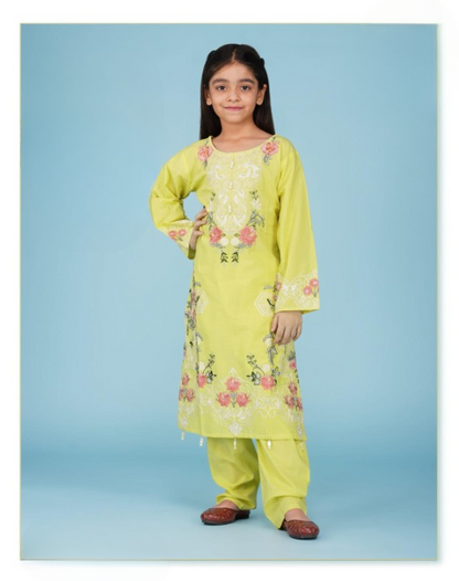 Lime Green Floral Embroidered Kurta Set for Girls