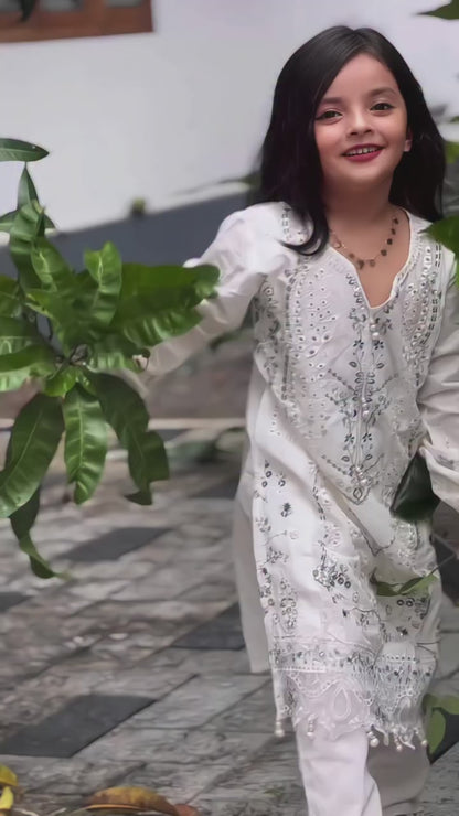 Moonlit Blossom – White Embroidered Kurta Set for Girls